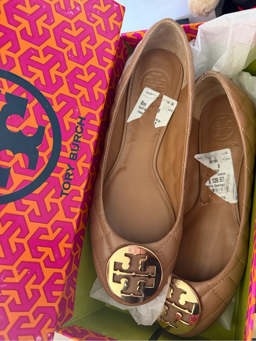 Tory Burch Quilted Ballet Flats in Nude Tan with Gold Logo